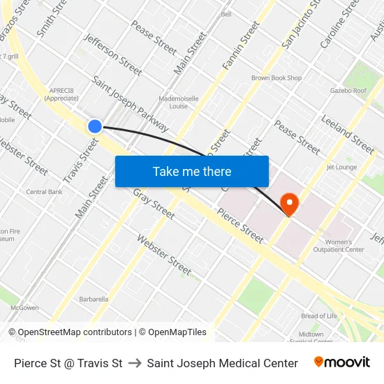 Pierce St @ Travis St to Saint Joseph Medical Center map