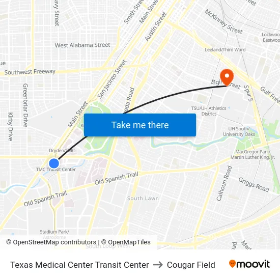 Texas Medical Center Transit Center to Cougar Field map