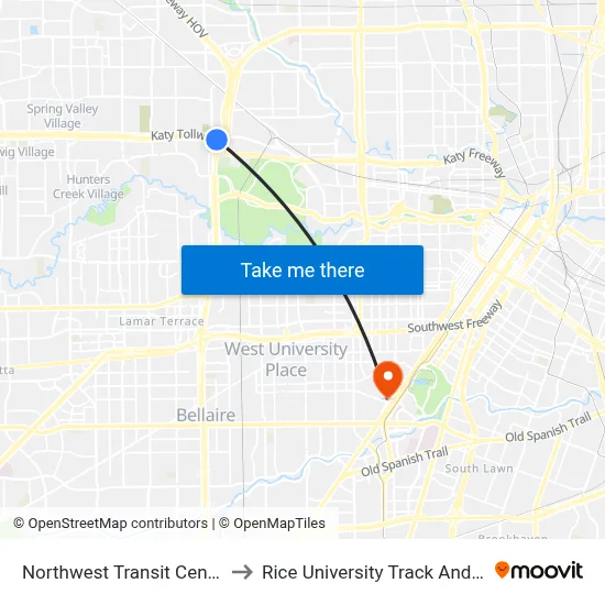 Northwest Transit Center - Platform 2 to Rice University Track And Soccer Stadium map
