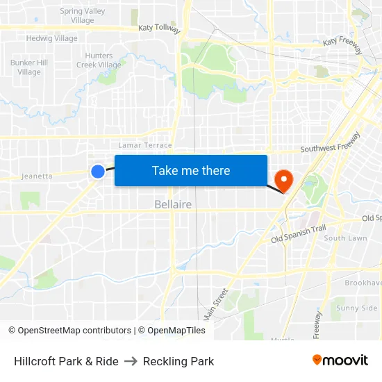 Hillcroft Park & Ride to Reckling Park map