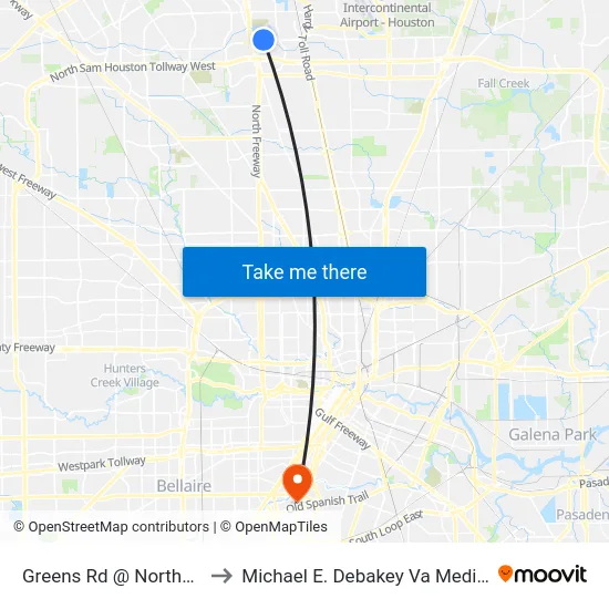 Greens Rd @ Northchase Dr to Michael E. Debakey Va Medical Center map