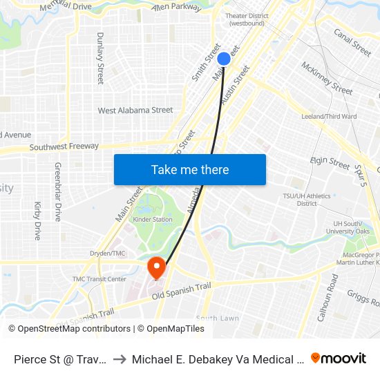 Pierce St @ Travis St to Michael E. Debakey Va Medical Center map