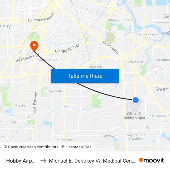 Hobby Airport to Michael E. Debakey Va Medical Center map