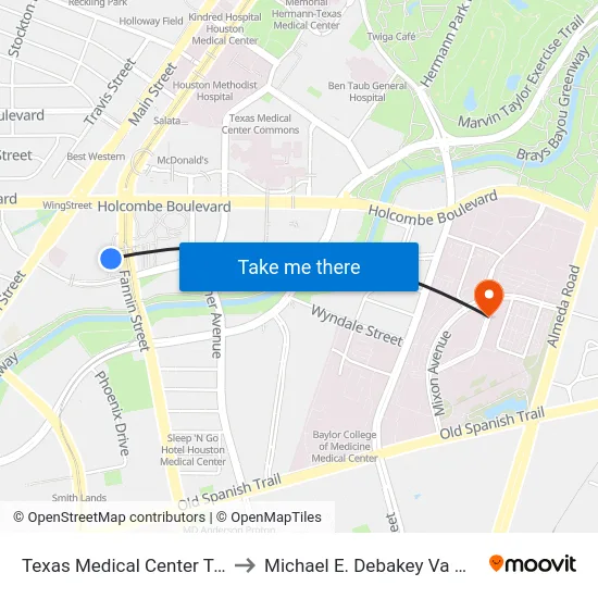 Texas Medical Center Transit Center to Michael E. Debakey Va Medical Center map