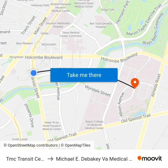 Tmc Transit Center to Michael E. Debakey Va Medical Center map