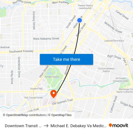 Downtown Transit Center to Michael E. Debakey Va Medical Center map
