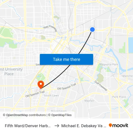 Fifth Ward/Denver Harbor Transit Center to Michael E. Debakey Va Medical Center map