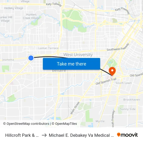 Hillcroft Park & Ride to Michael E. Debakey Va Medical Center map