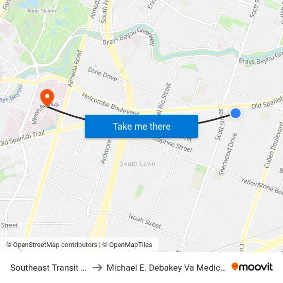 Southeast Transit Center to Michael E. Debakey Va Medical Center map