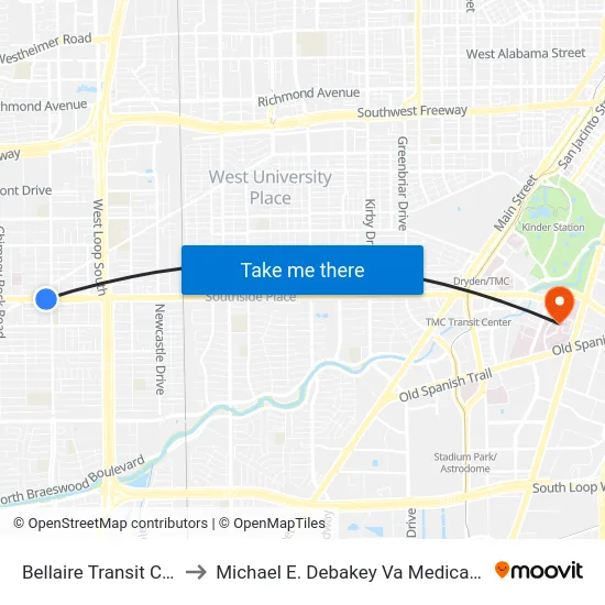 Bellaire Transit Center to Michael E. Debakey Va Medical Center map