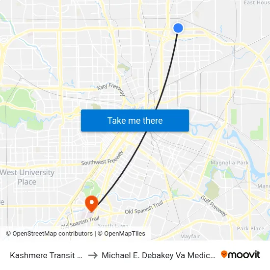 Kashmere Transit Center to Michael E. Debakey Va Medical Center map