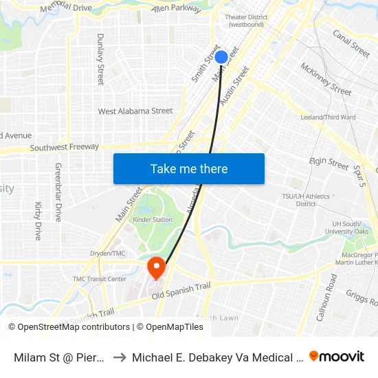 Milam St @ Pierce St to Michael E. Debakey Va Medical Center map