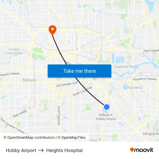 Hobby Airport to Heights Hospital map