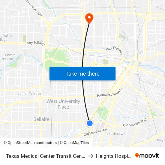 Texas Medical Center Transit Center to Heights Hospital map