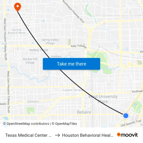 Texas Medical Center Transit Center to Houston Behavioral Healthcare Hospital map