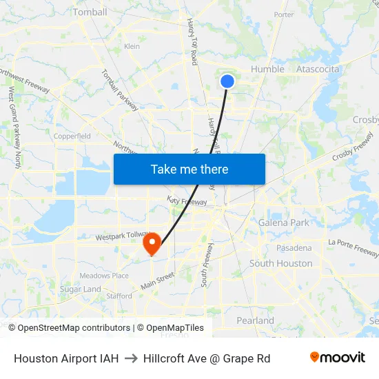 Houston Airport IAH to Hillcroft Ave @ Grape Rd map