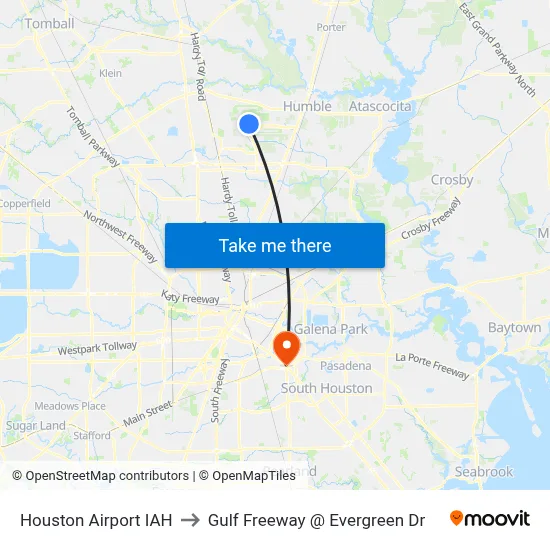 Houston Airport IAH to Gulf Freeway @ Evergreen Dr map
