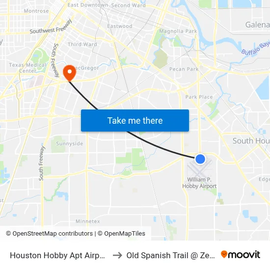 Houston Hobby Apt Airport HOU to Old Spanish Trail @ Zephyr St map