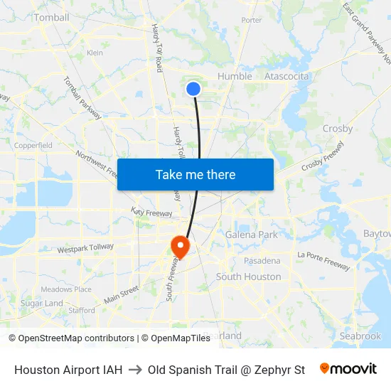 Houston Airport IAH to Old Spanish Trail @ Zephyr St map