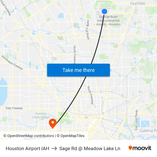 Houston Airport IAH to Sage Rd @ Meadow Lake Ln map