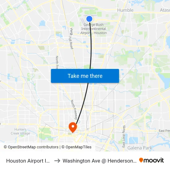 Houston Airport IAH to Washington Ave @ Henderson St map