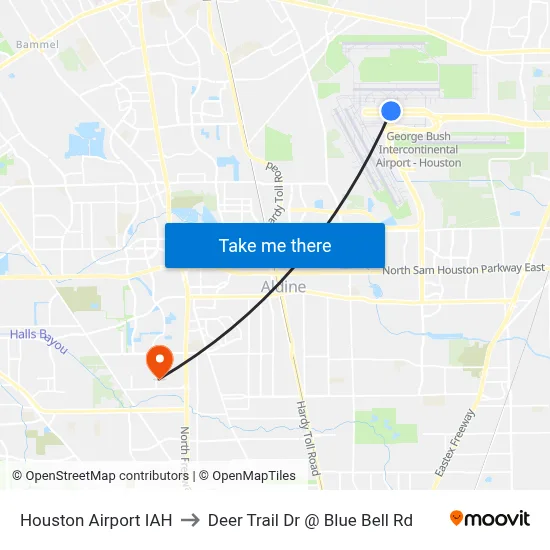 Houston Airport IAH to Deer Trail Dr @ Blue Bell Rd map