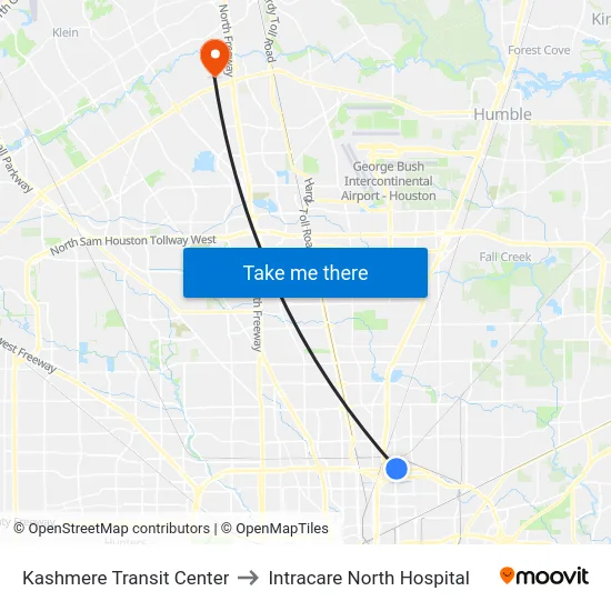 Kashmere Transit Center to Intracare North Hospital map