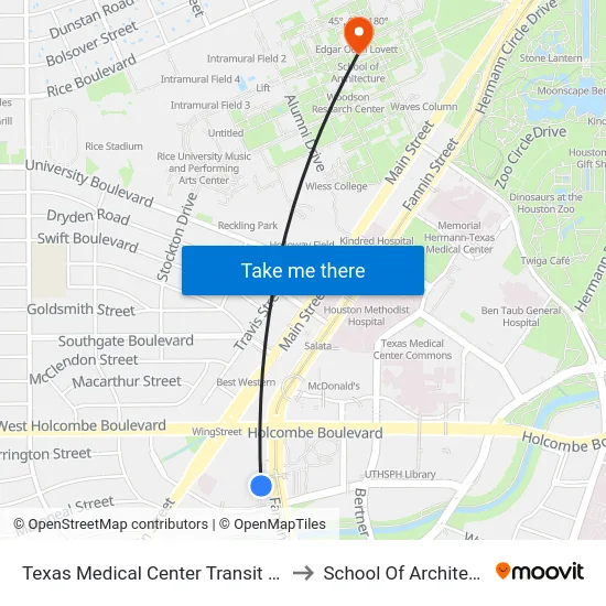 Texas Medical Center Transit Center to School Of Architecture map