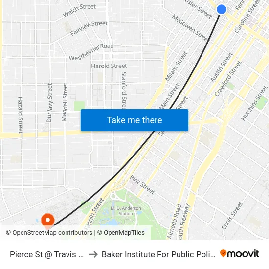 Pierce St @ Travis St to Baker Institute For Public Policy map