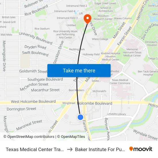 Texas Medical Center Transit Center to Baker Institute For Public Policy map
