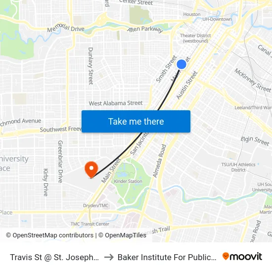 Travis St @ St. Joseph Pkwy to Baker Institute For Public Policy map