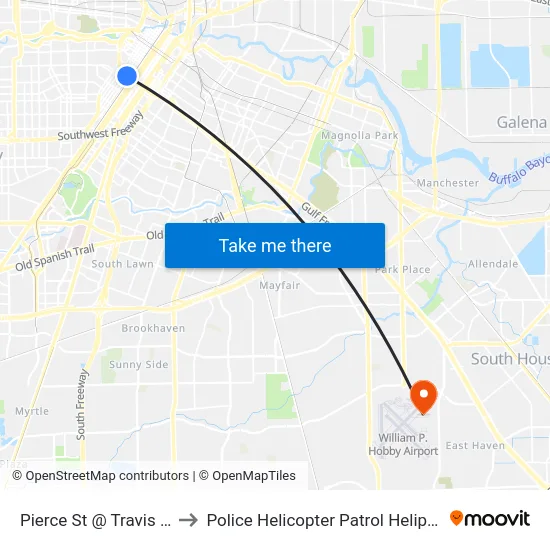 Pierce St @ Travis St to Police Helicopter Patrol Heliport map