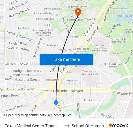 Texas Medical Center Transit Center to School Of Humanities map