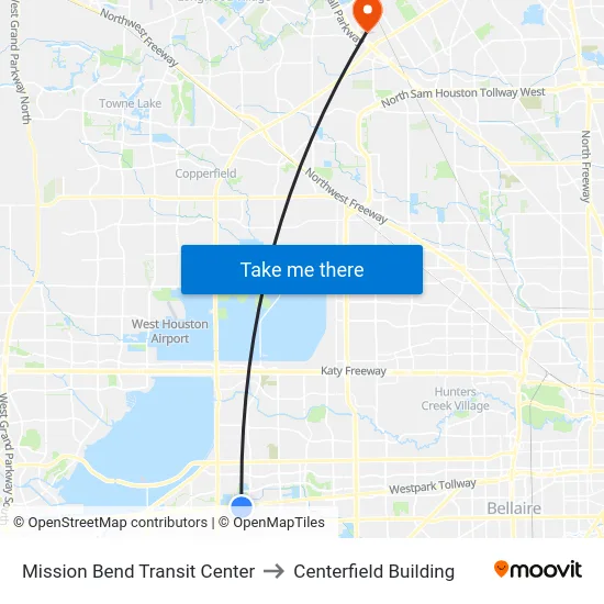 Mission Bend Transit Center to Centerfield Building map