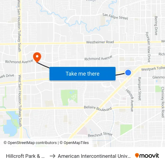 Hillcroft Park & Ride to American Intercontinental University map
