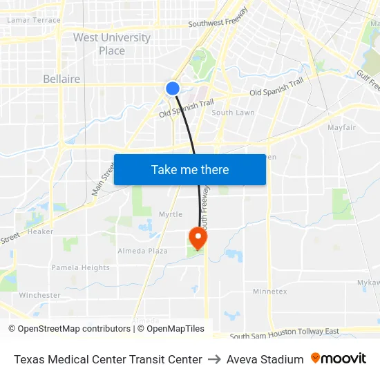 Texas Medical Center Transit Center to Aveva Stadium map