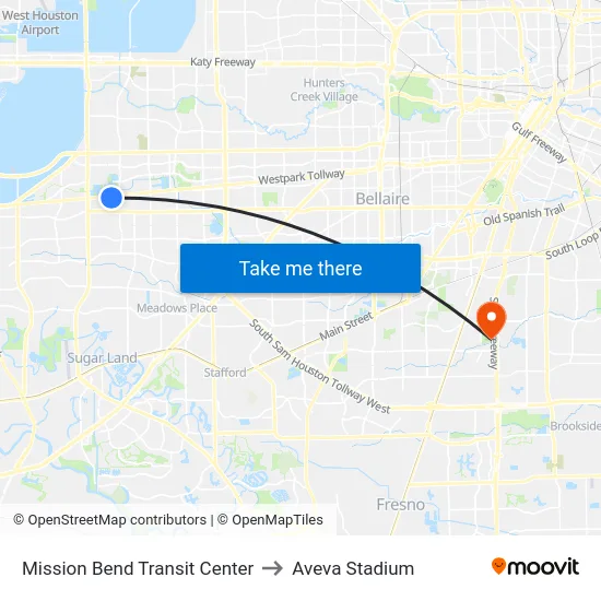 Mission Bend Transit Center to Aveva Stadium map