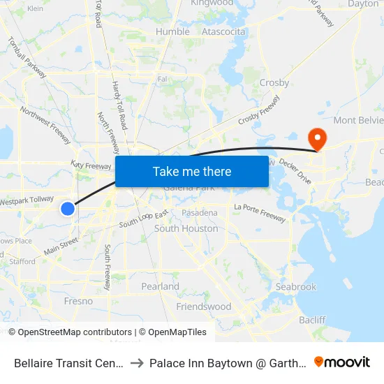 Bellaire Transit Center to Palace Inn Baytown @ Garth Rd map