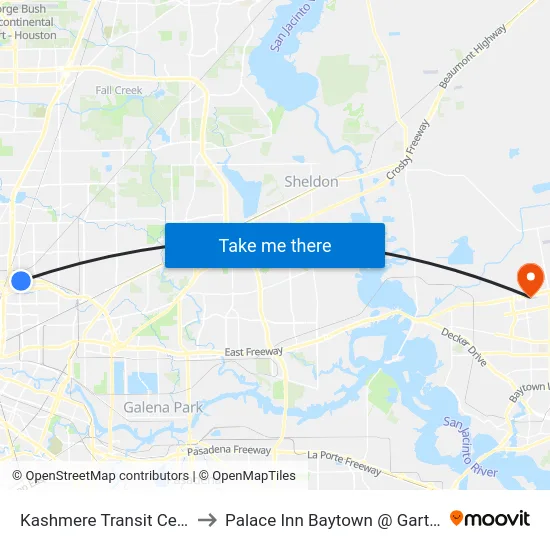Kashmere Transit Center to Palace Inn Baytown @ Garth Rd map