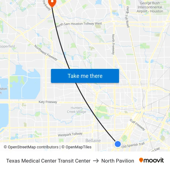 Texas Medical Center Transit Center to North Pavilion map