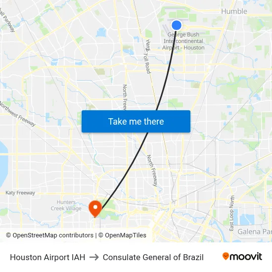Houston Airport IAH to Consulate General of Brazil map