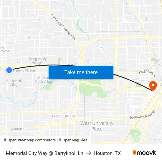 Memorial City Way @ Barryknoll Ln to Houston, TX map