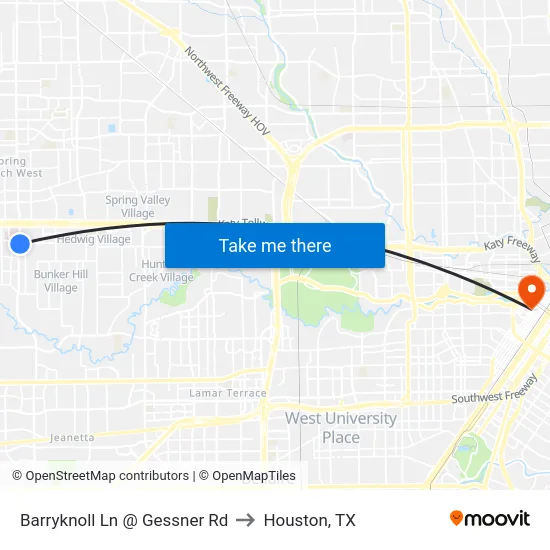 Barryknoll Ln @ Gessner Rd to Houston, TX map