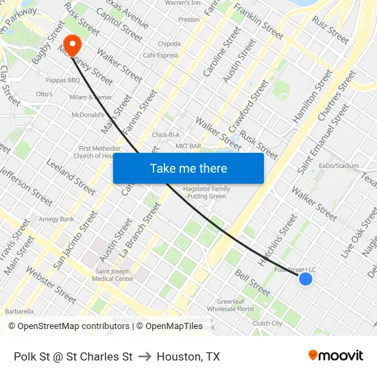 Polk St @ St Charles St to Houston, TX map