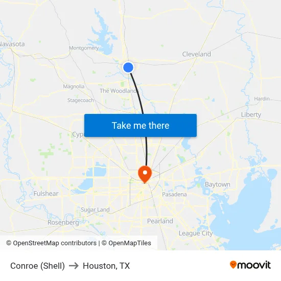 Conroe (Shell) to Houston, TX map