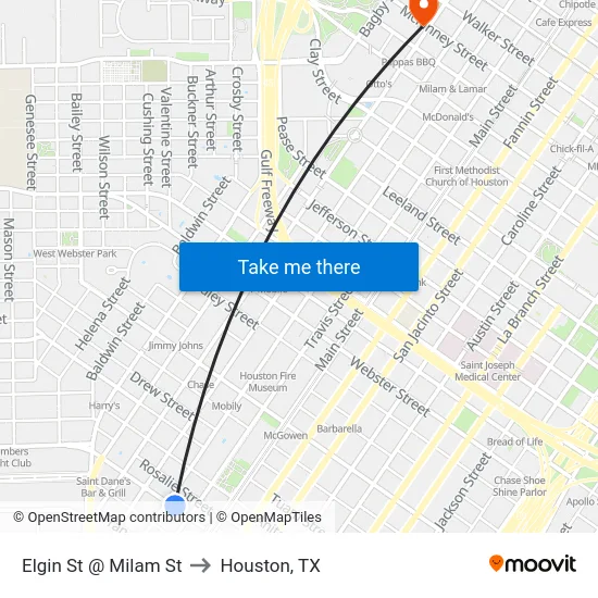 Elgin St @ Milam St to Houston, TX map