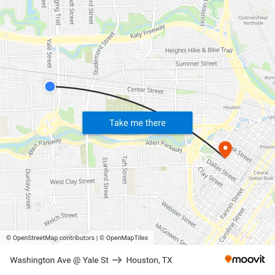 Washington Ave @ Yale St to Houston, TX map