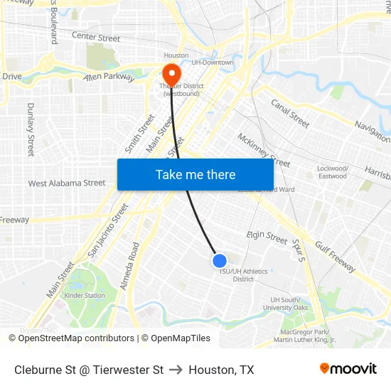 Cleburne St @ Tierwester St to Houston, TX map