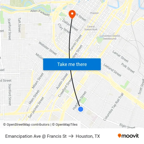 Emancipation Ave @ Francis St to Houston, TX map