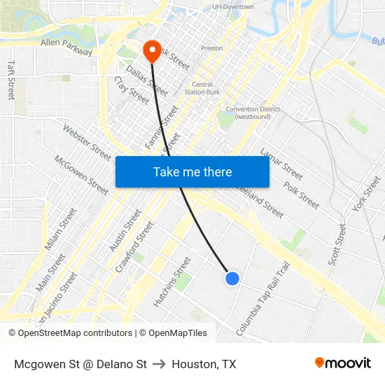 Mcgowen St @ Delano St to Houston, TX map